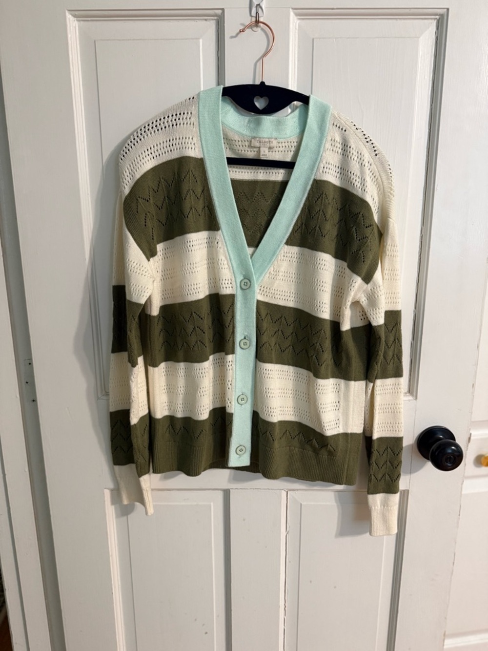 Talbots Striped Olive & Cream Button-Front Cardigan with Mint Trim Cotton Size S
